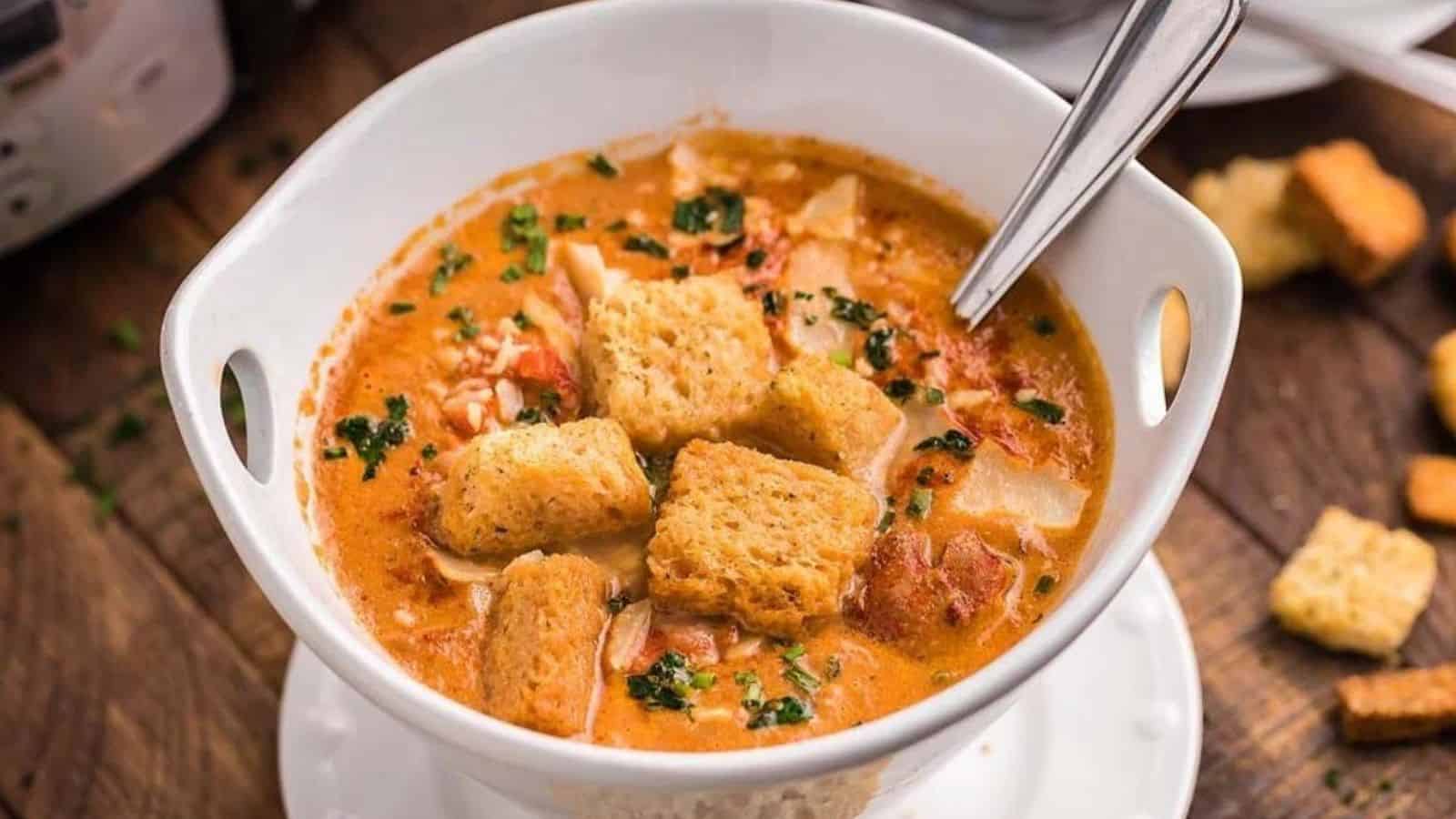 Slow cooker key west crab and lobster bisque in a bowl.