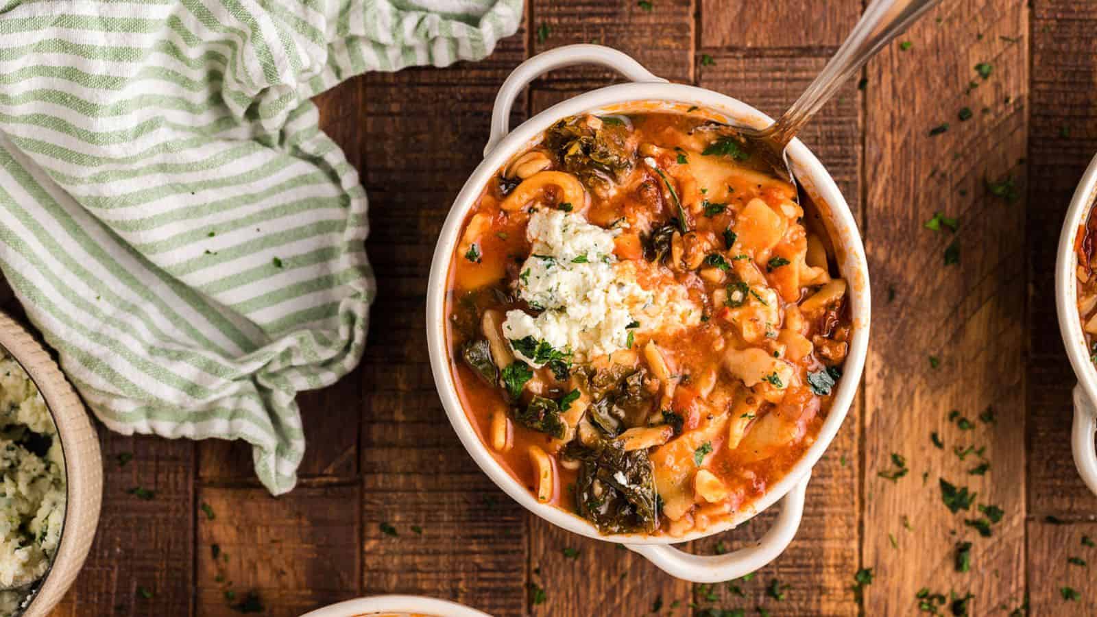 A bowl of Slow Cooker Lasagna Soup.