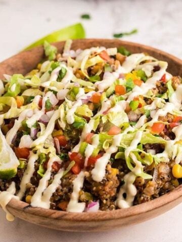Close-up image of slow cooker tex mex quinoa taco bowl.