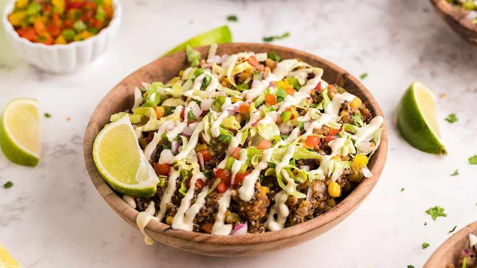 Close-up image of slow cooker tex mex quinoa taco bowl.