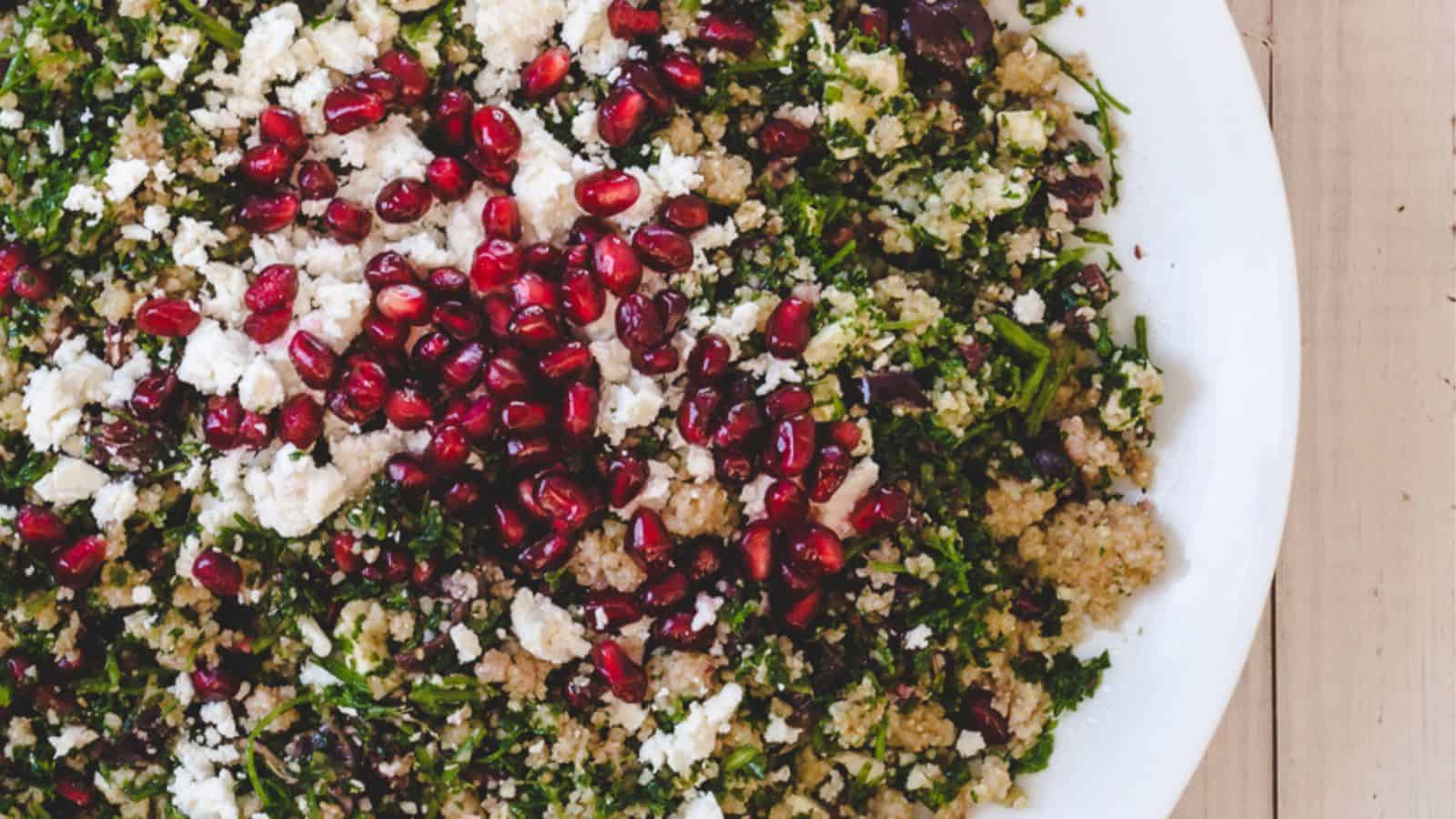 Close up overhead of tabbouleh salad with feta.