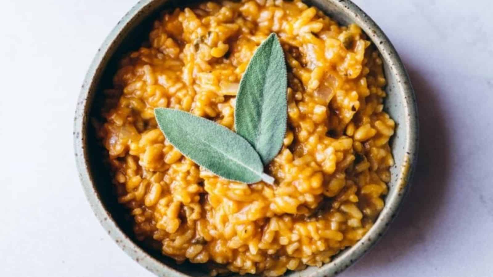 Overhead image of best instant pot pumpkin risotto in a bowl.