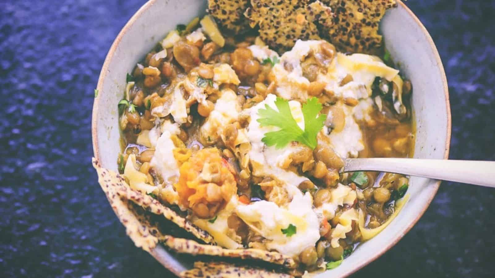 Overhead image of vegan butternut squas chili in a bowl.