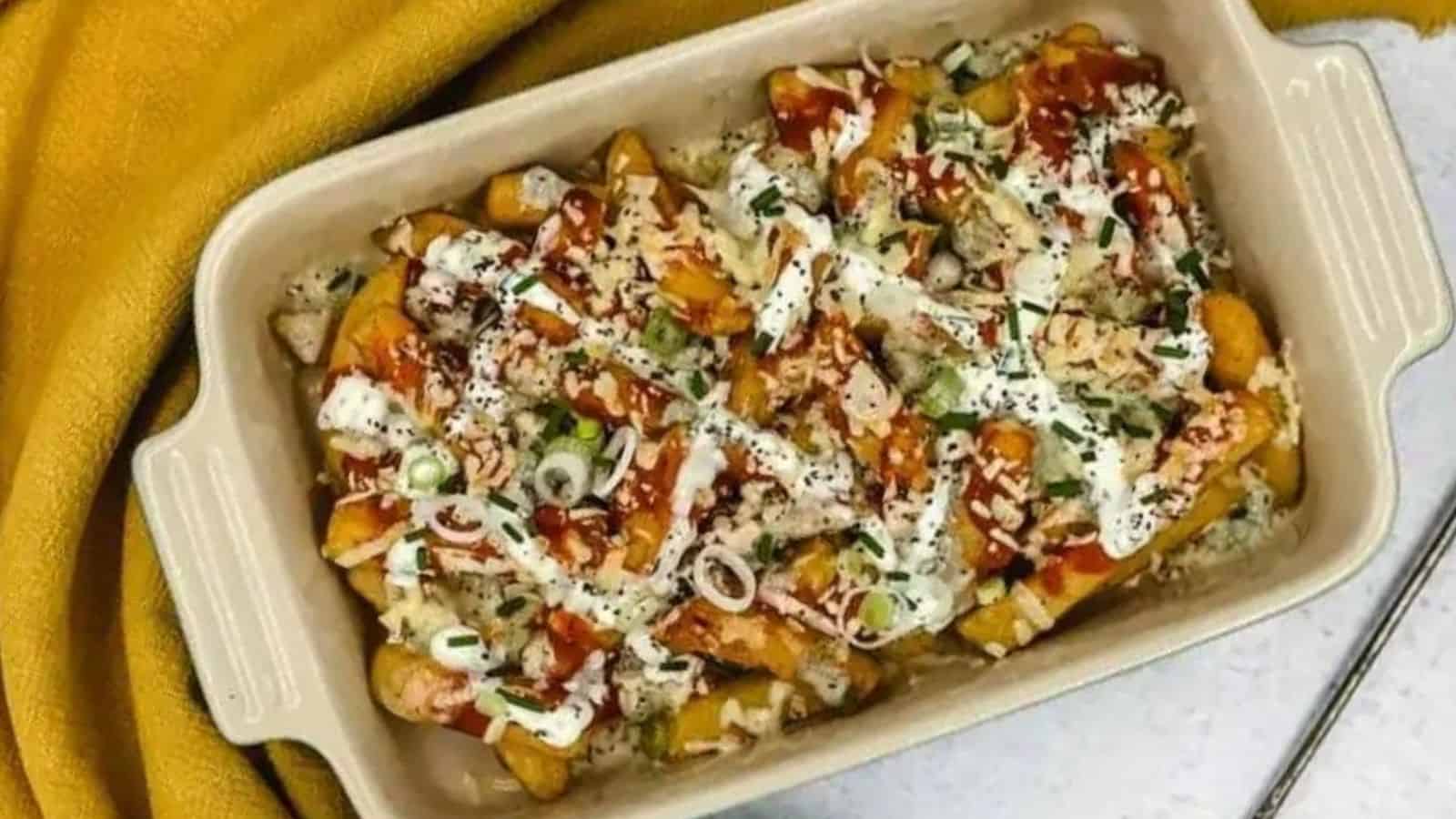 Overhead image of buffalo fries in a casserole.