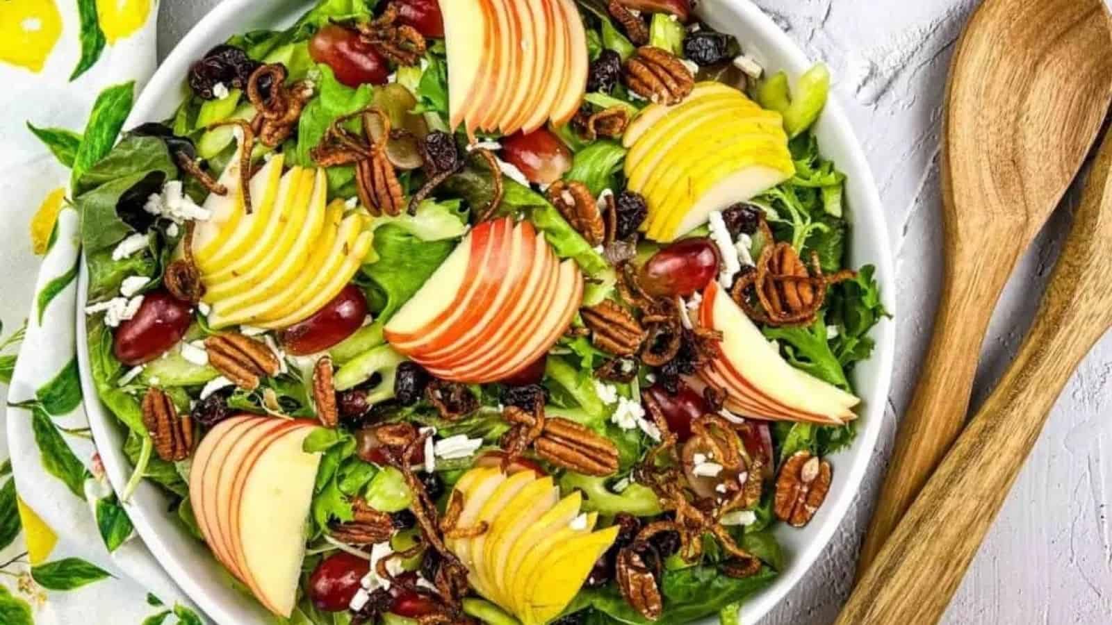 Overhead image of waldorf salad in a bowl.