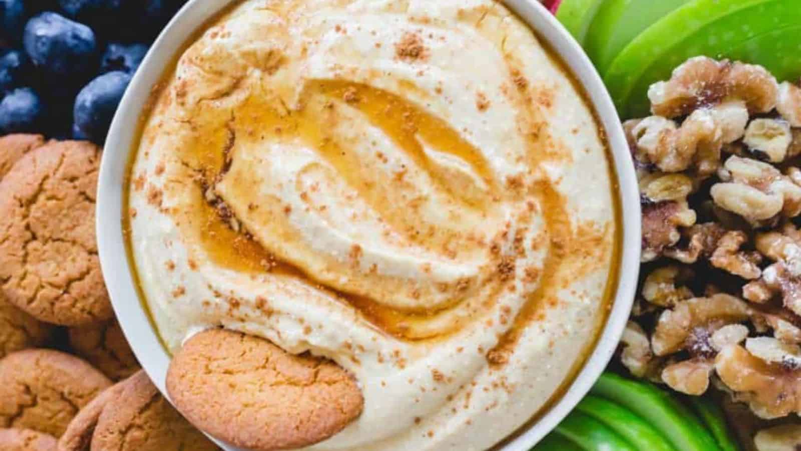 Top view of whipped pumpkin ricorra dip in a bowl.