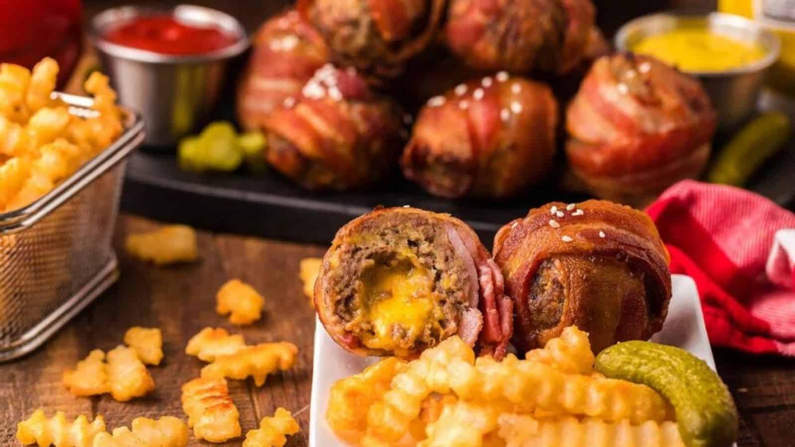 Air fryer bacon wrapped cheeseburger bites with fries.