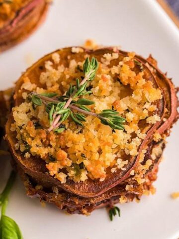 Air Fryer Sweet Potato Casserole Stacks on a plate.