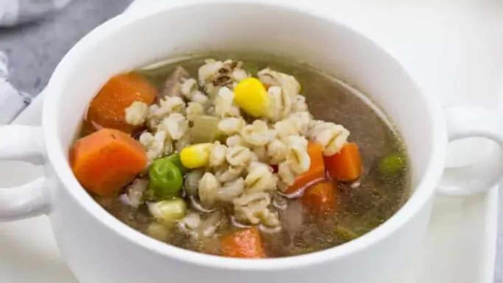 Homemade Beef & Barley Soup in a bowl.