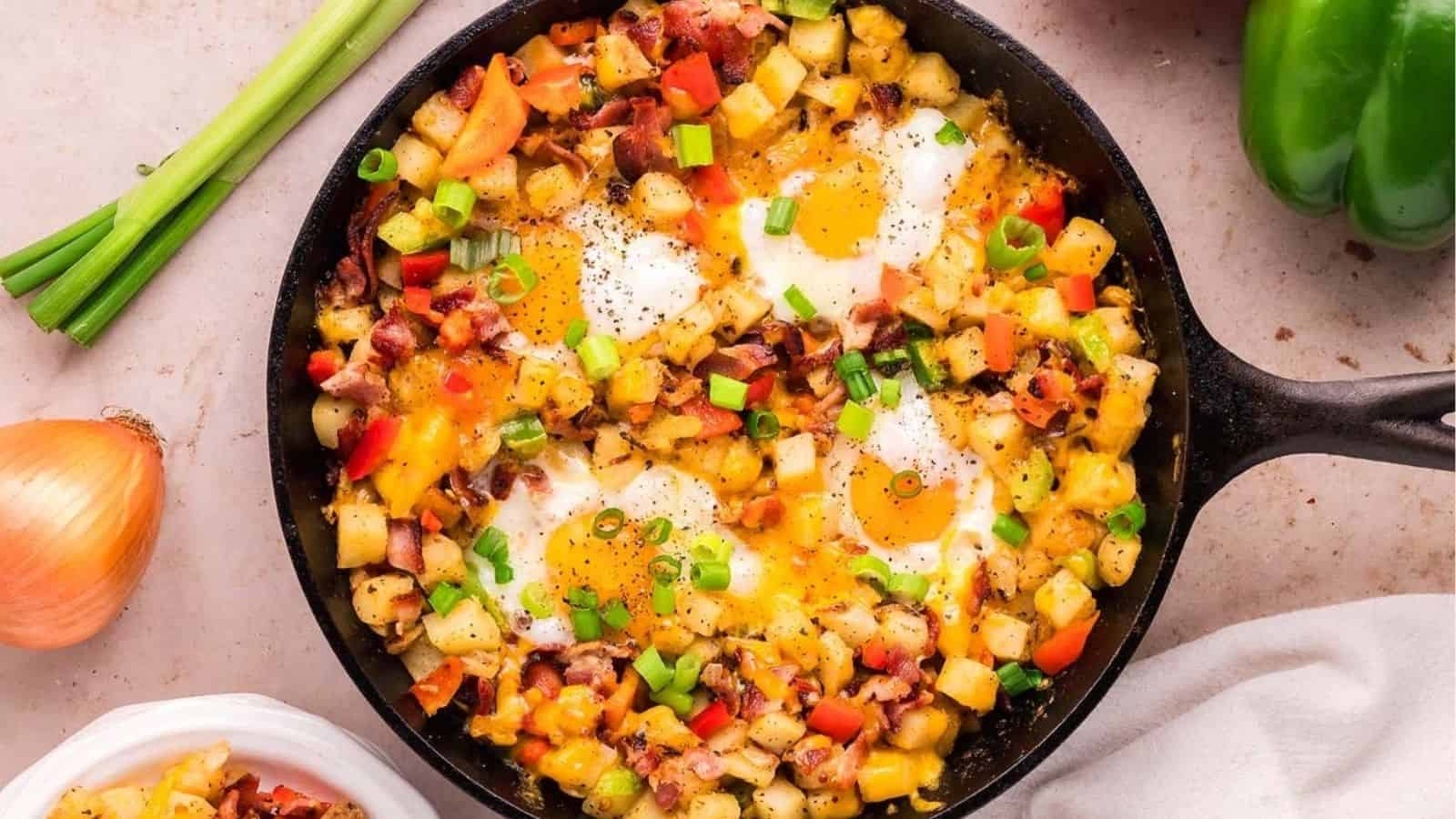 Overhead image of breakfast skillett in a pan.