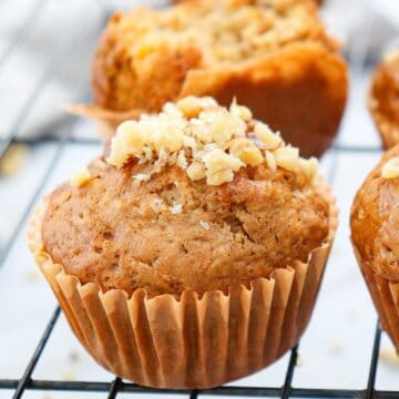 Carrot cake muffin close up on a tray.