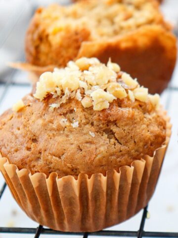 Carrot cake muffin close up on a tray.