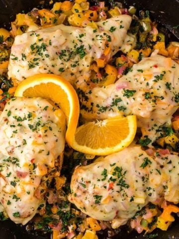 Top view of Cheesy Baja Chicken & Bell Pepper Skillet.