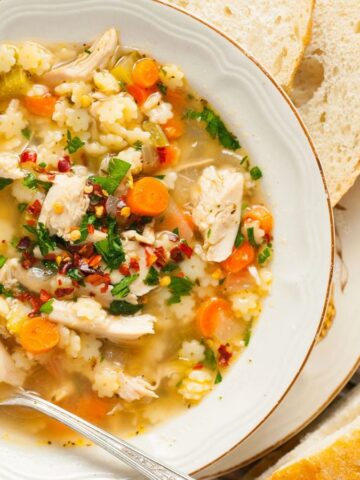 A bowl of Chicken Pastina Soup.