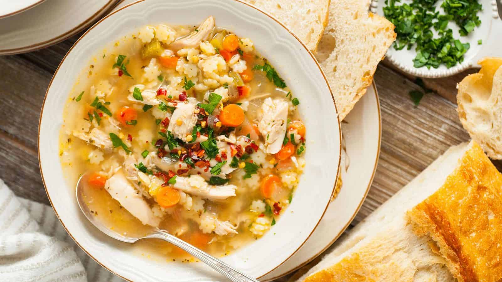 A bowl of Chicken Pastina Soup.