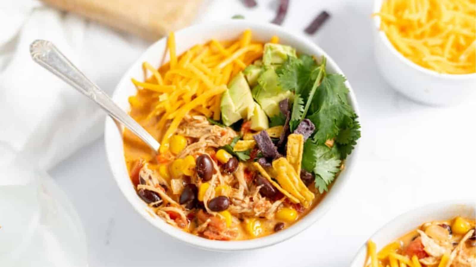 Chicken taco soup in a bowl.