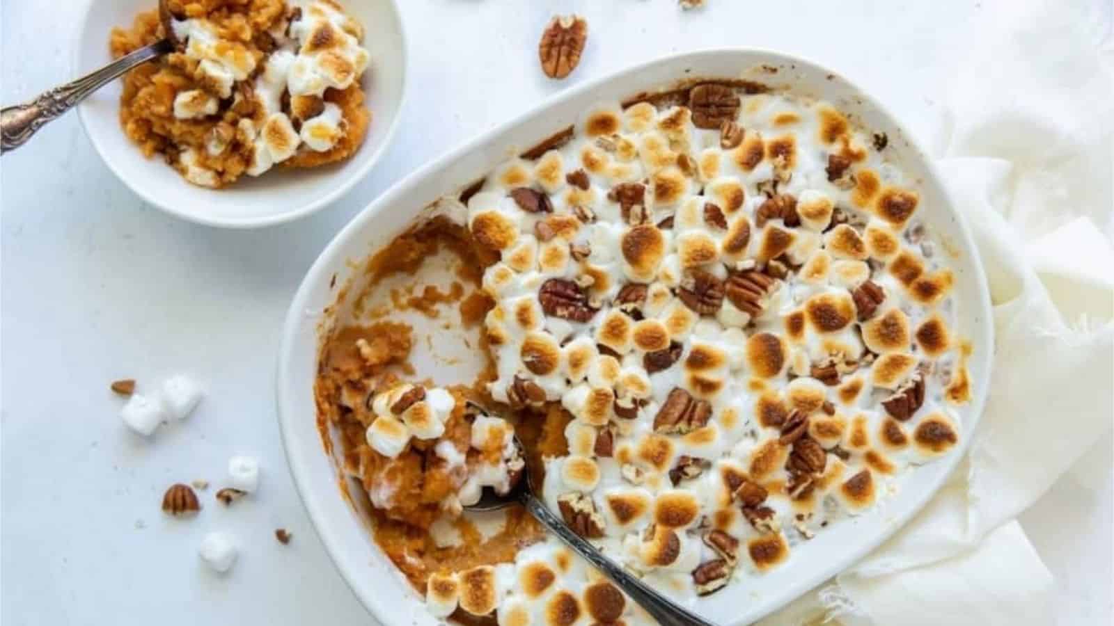 Overhead image of easy sweet potato casserole with canned yams.