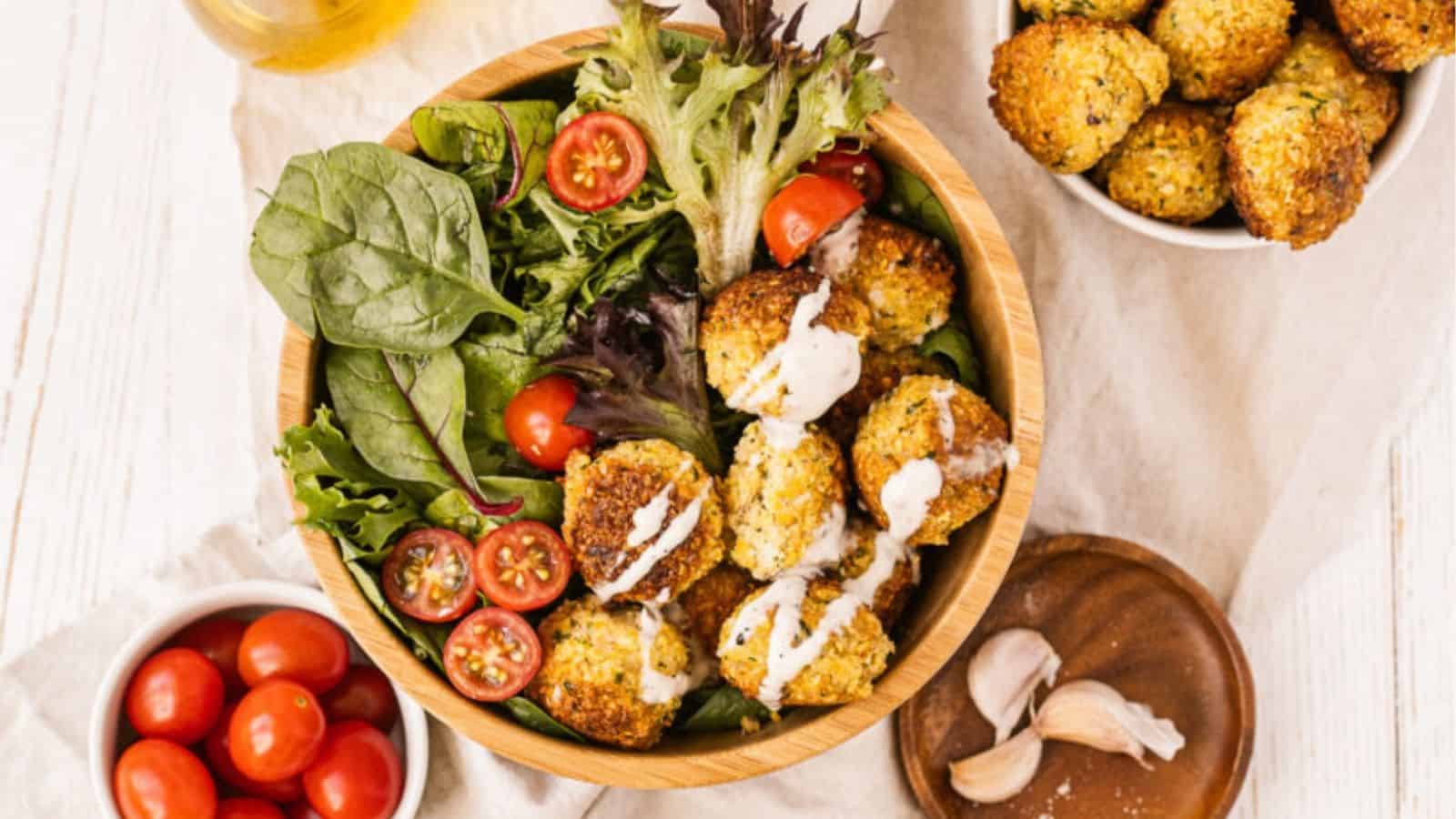 Overhead image of easy vegan falafel bowl.