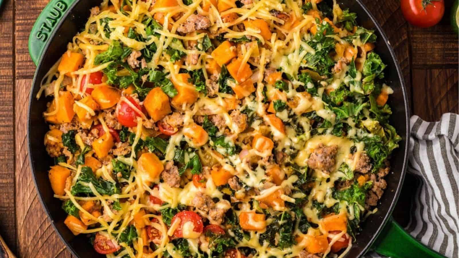 Top view of ground turkey sweet potato kale skillet.