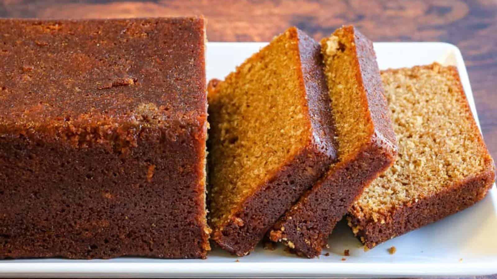 Honey cake baked in a loaf pan and sliced.