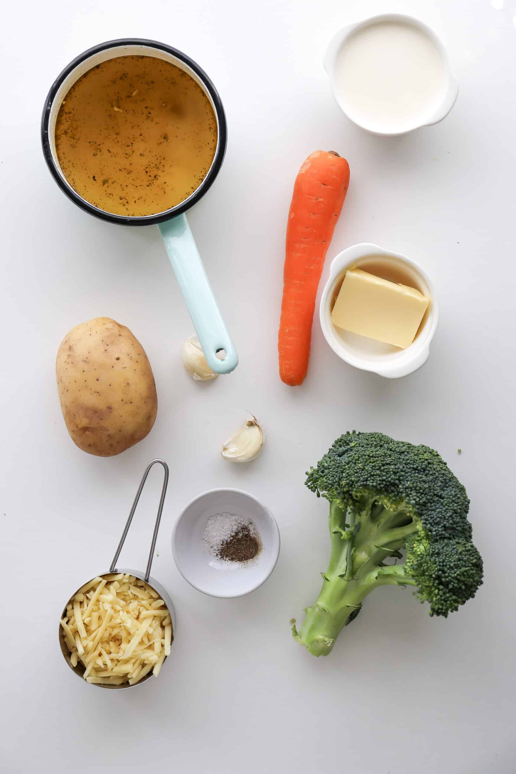 An overhead image of the ingredients of broccoli cheddar soup.