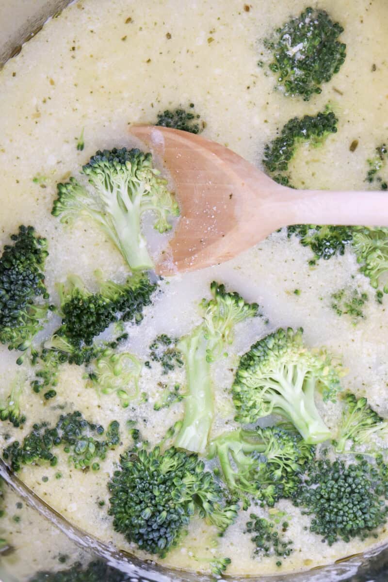 Top view of soup with broccoli.