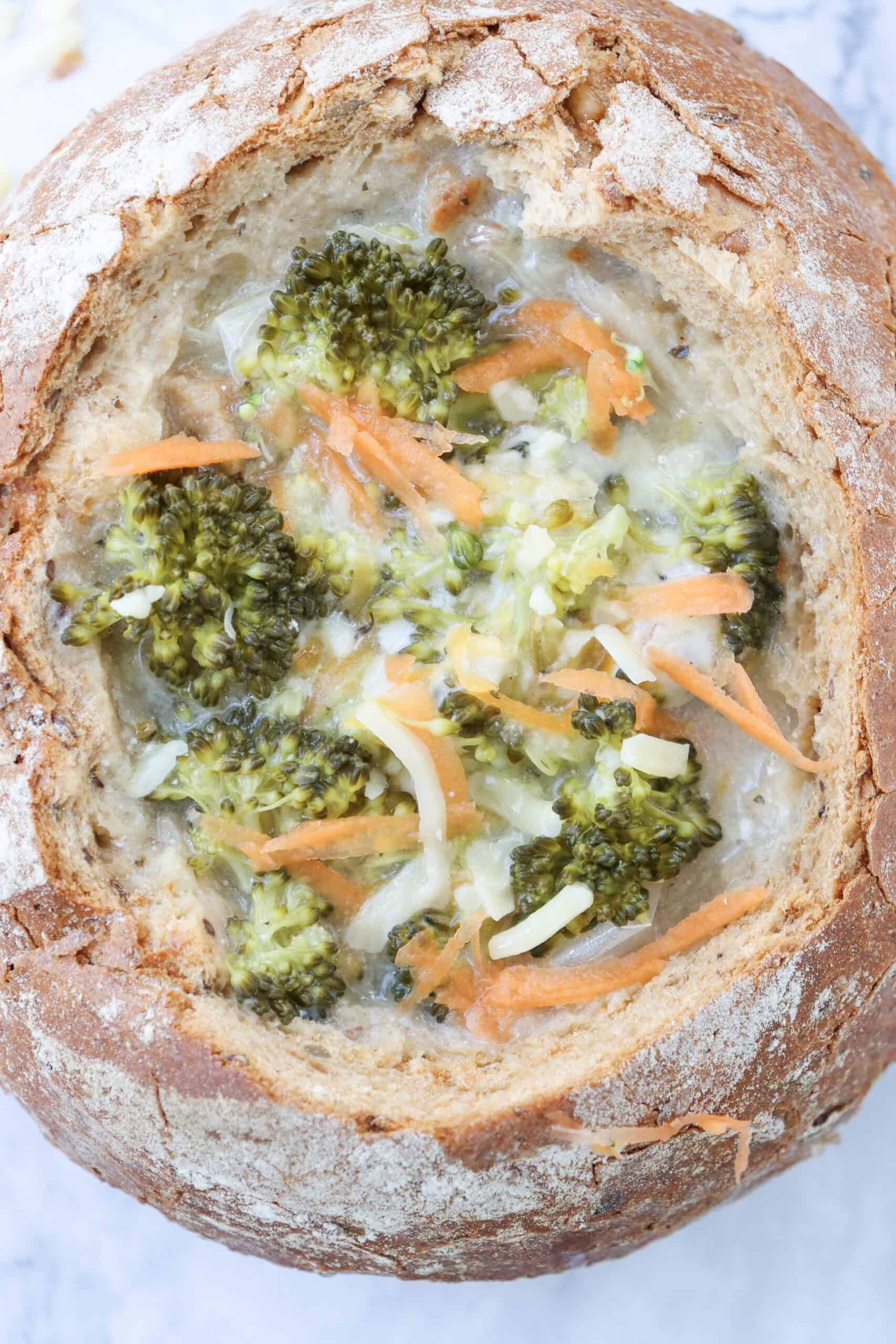 Overhead image of broccoli cheddar soup.