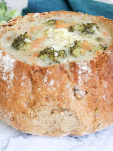 Close-up image of broccolii cheddar soup.