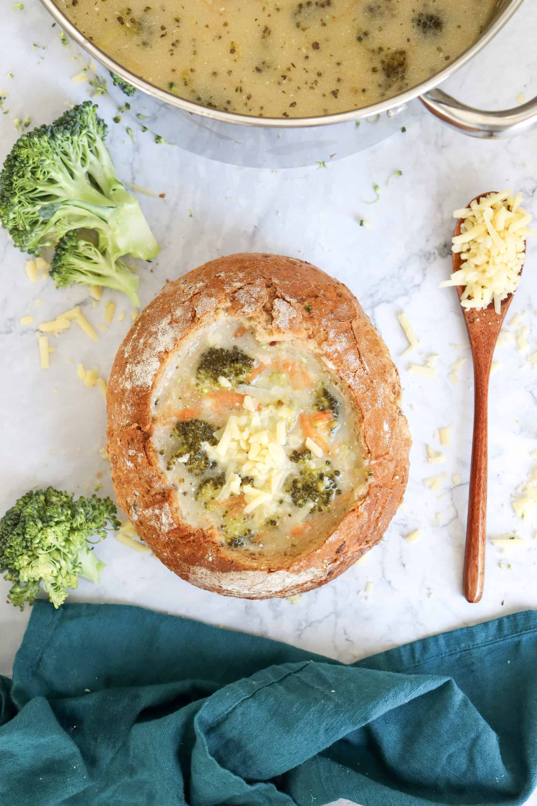 An overhead image of broccoli cheddar soup.