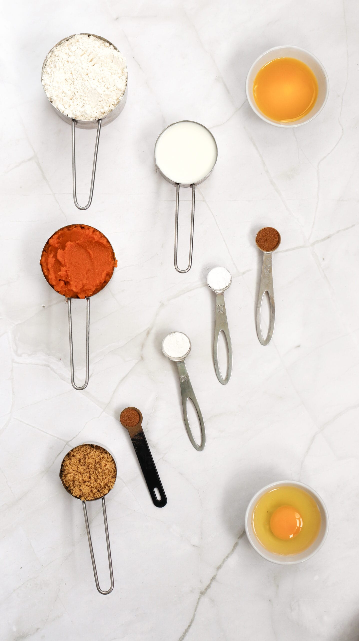 Overhead image of the ingredients for pumpkin pancakes.