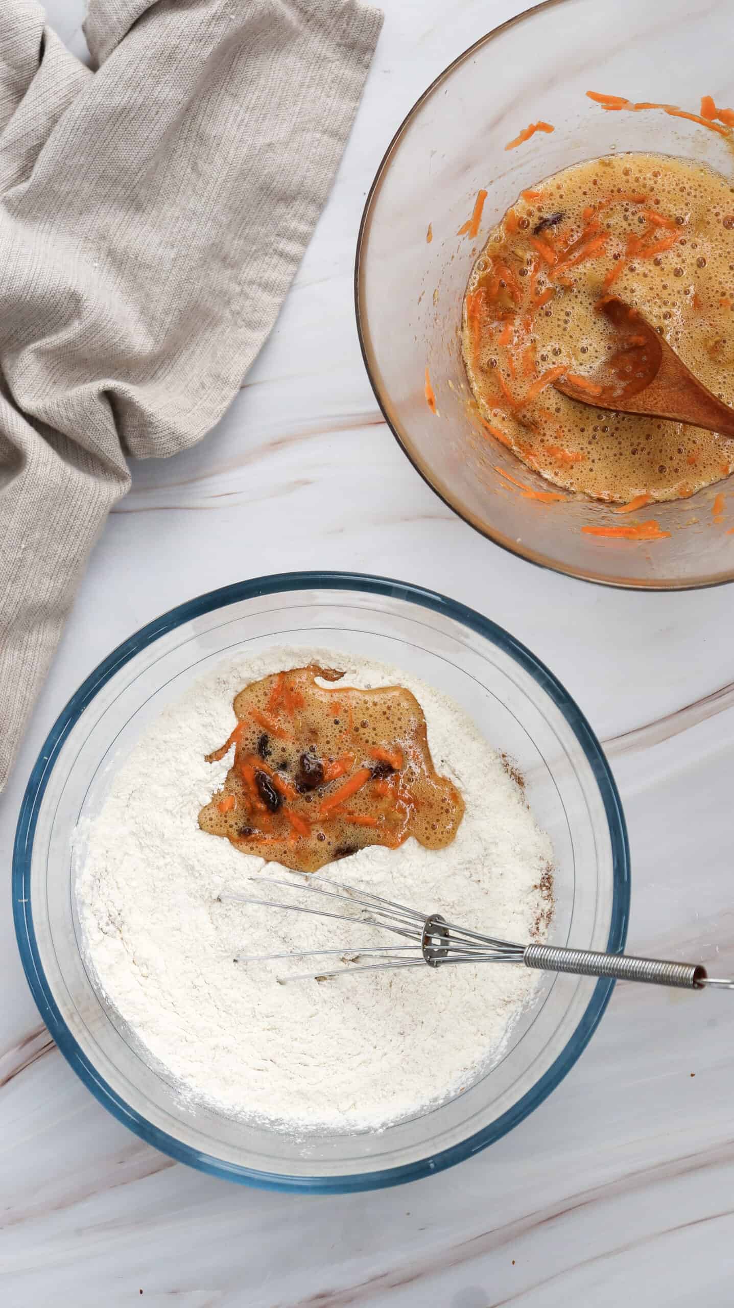 Overhead image of carrrot cake muffins batter.