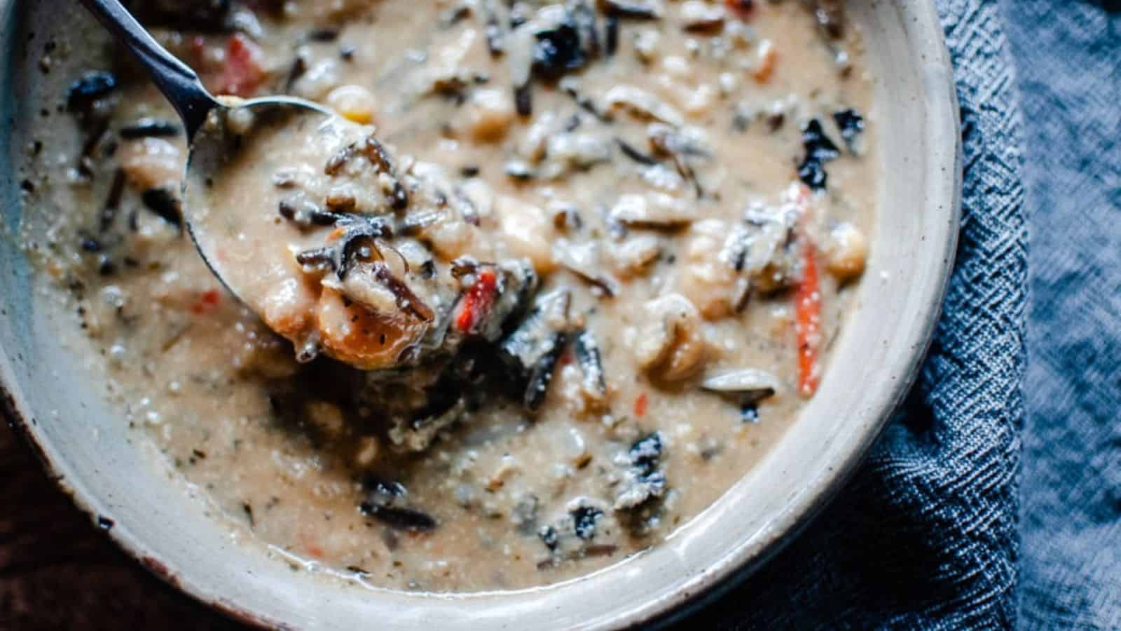 A close-up image of a bowl of Instant Pot Wild Rice Soup.