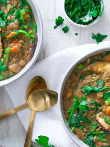 Overhead image of two bowls of lentil vegetable soups.