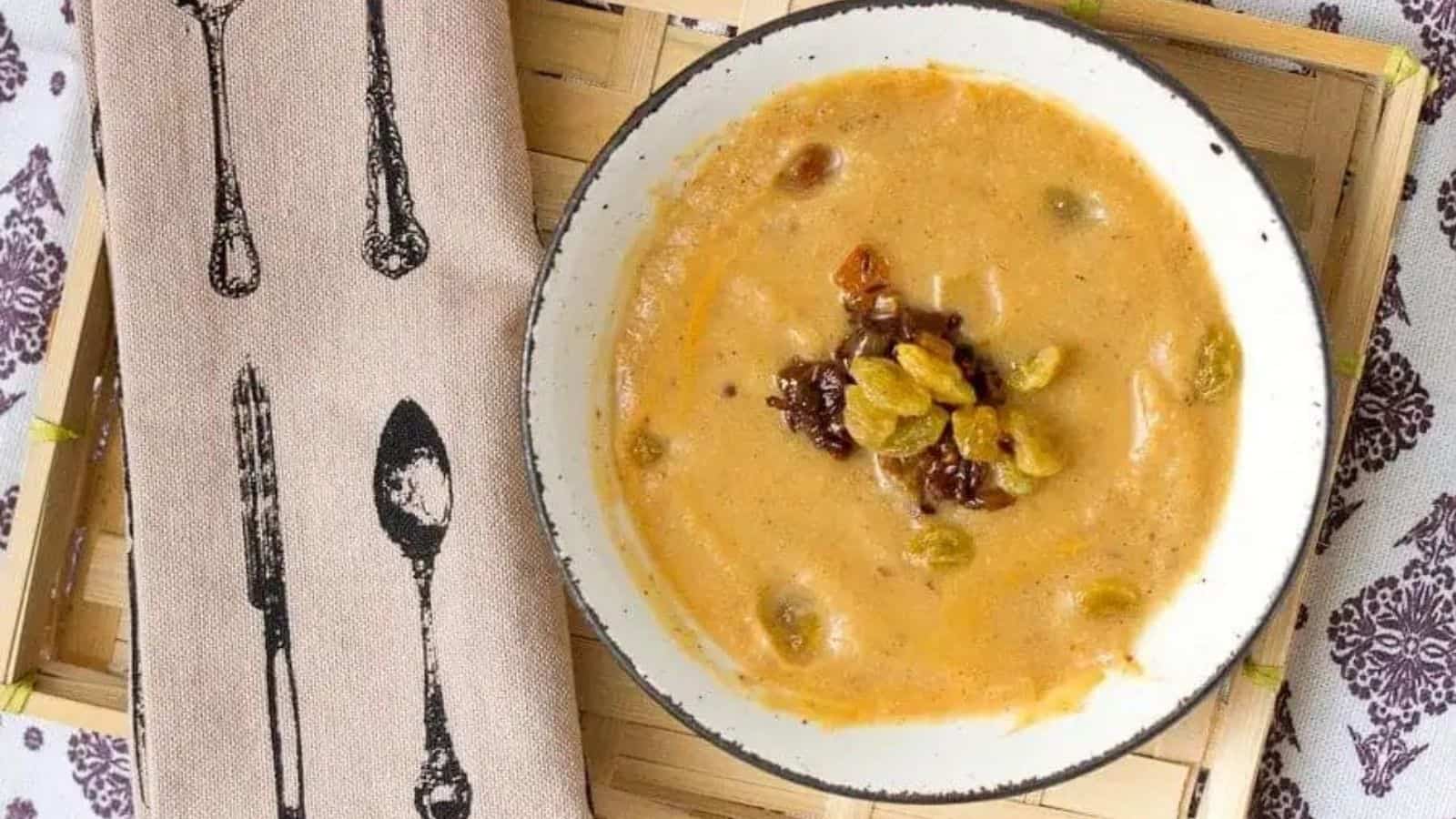 Top view of middle eastern spiced cauliflower soup in a bowl.