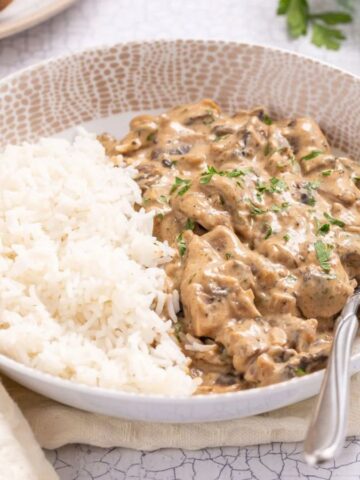 Mushroom stroganoff on a plate with rice.