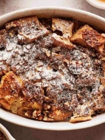Top view of overnight air fryer toast casserole in a dish.