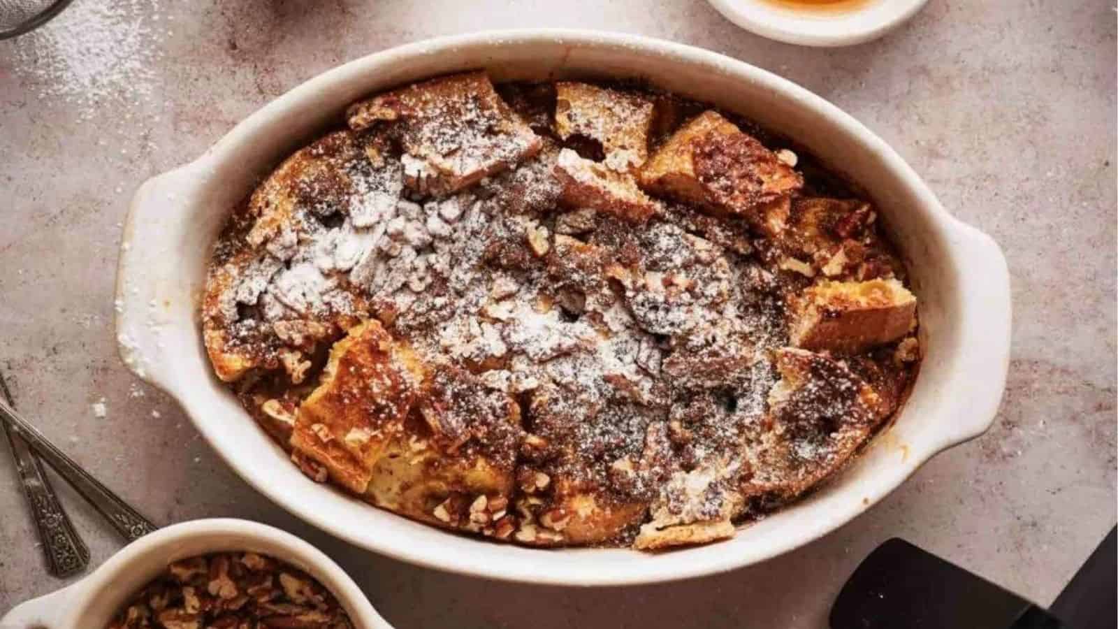 Top view of overnight air fryer toast casserole in a dish.