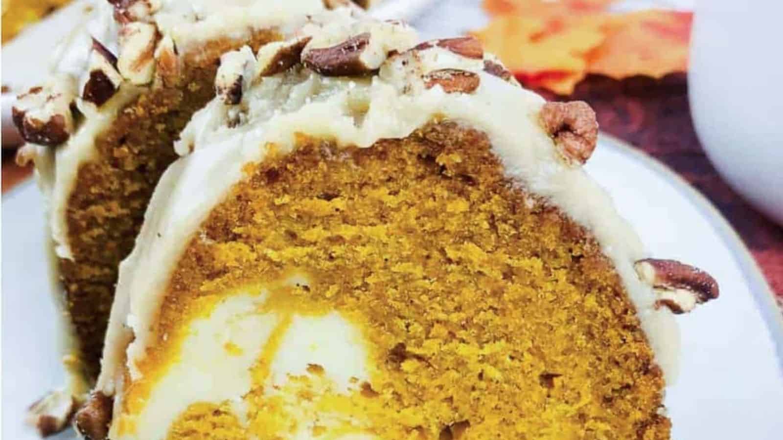 A pumpkin bundt cake served on a plate.