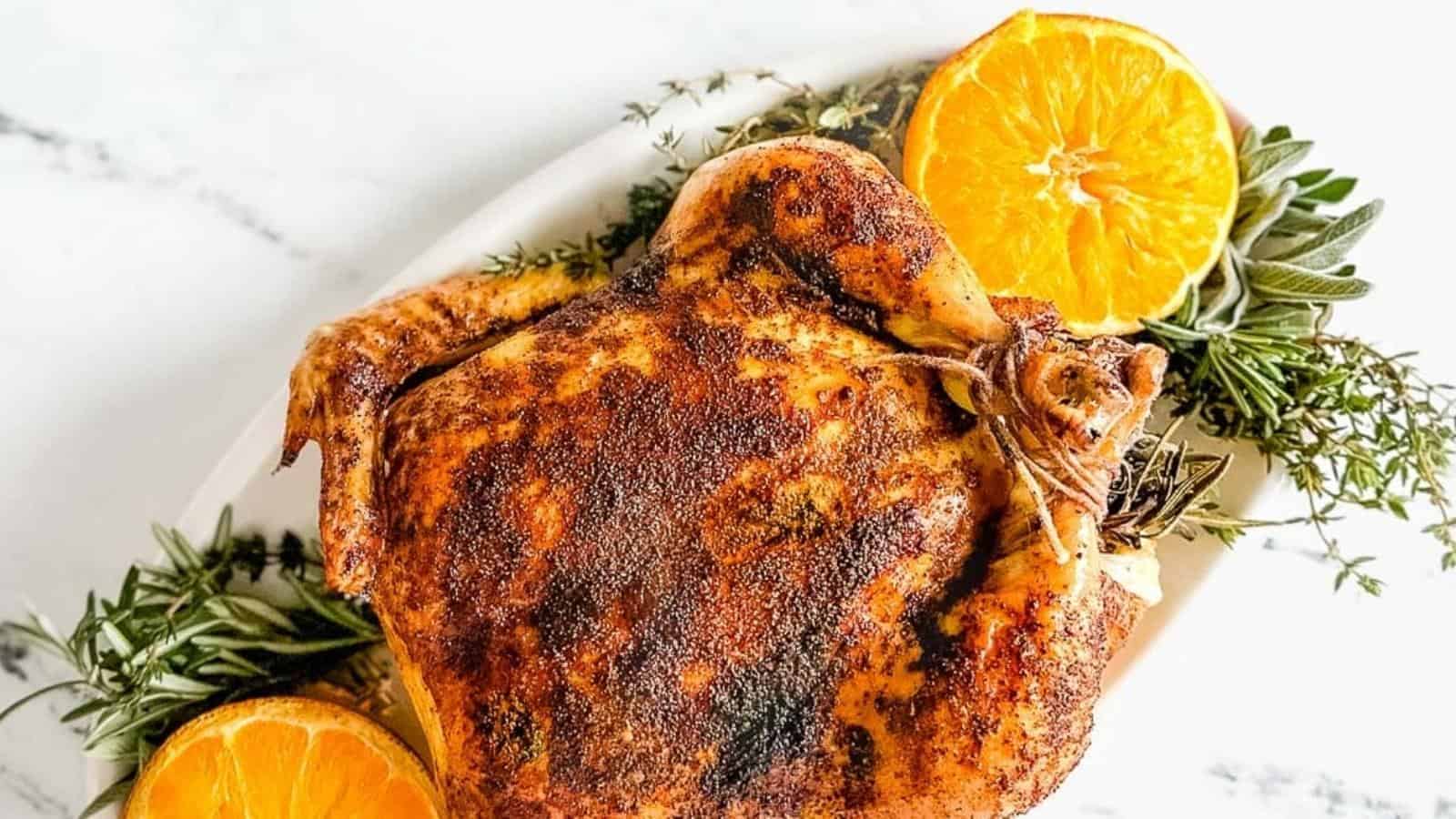 Christmas Roast Chicken on a white platter with halved oranges and fresh herbs.