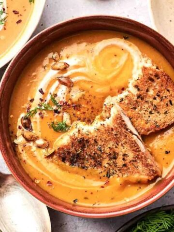 A bowl of Roasted Butternut Squash Soup.