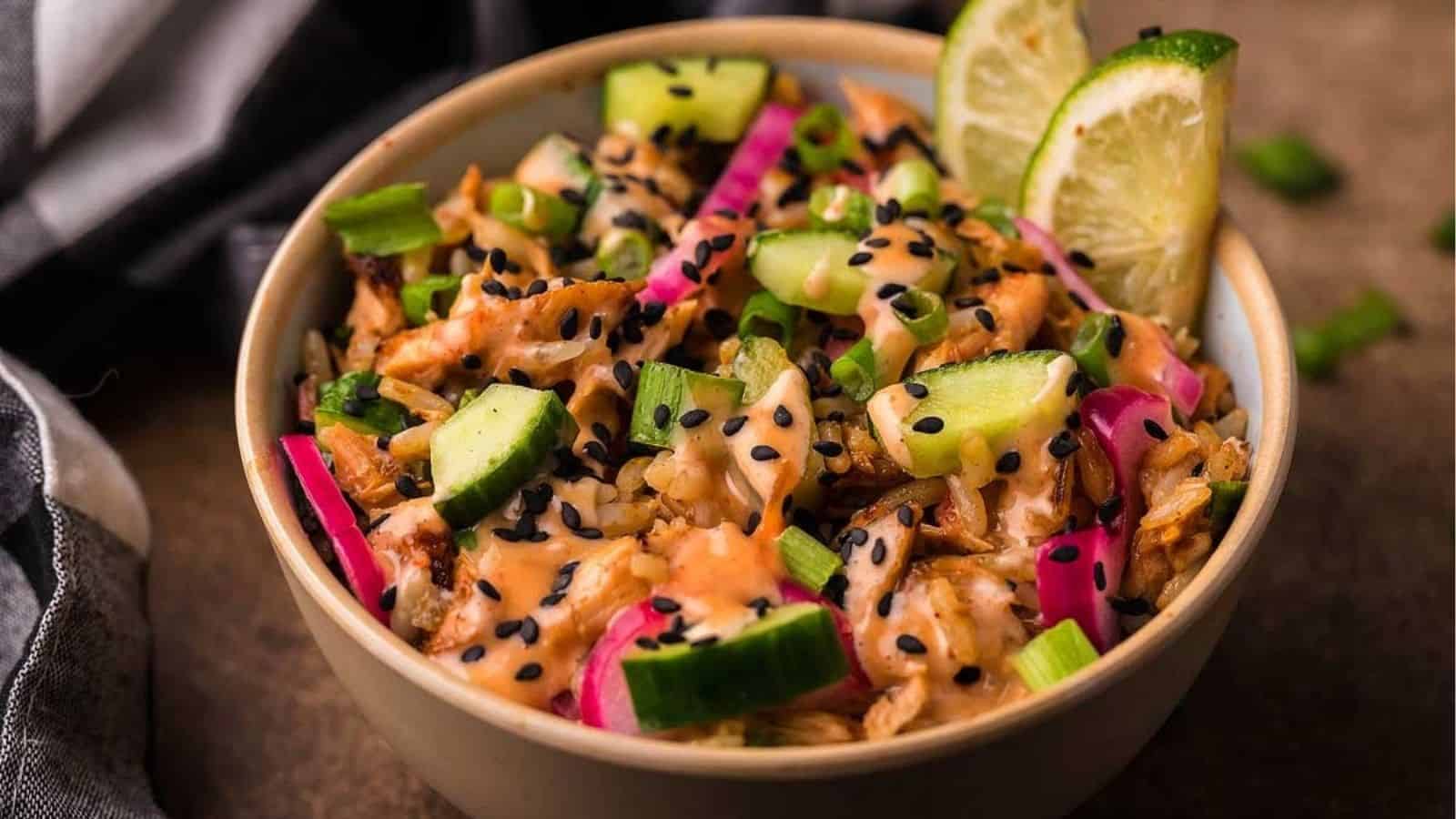 Close-up of salmon rice bowl.