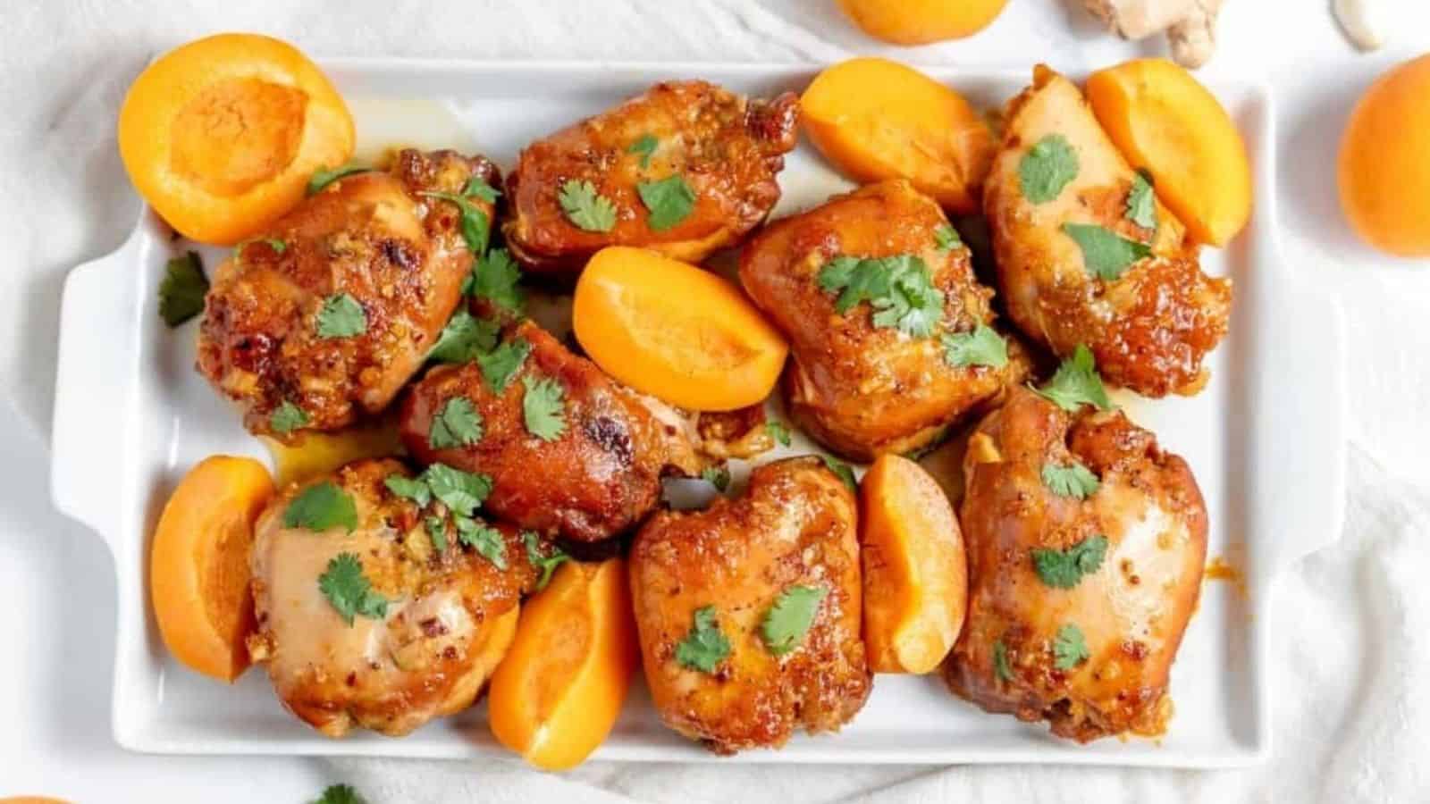 Overhead image of slow cooker apricot chicken on a dish.