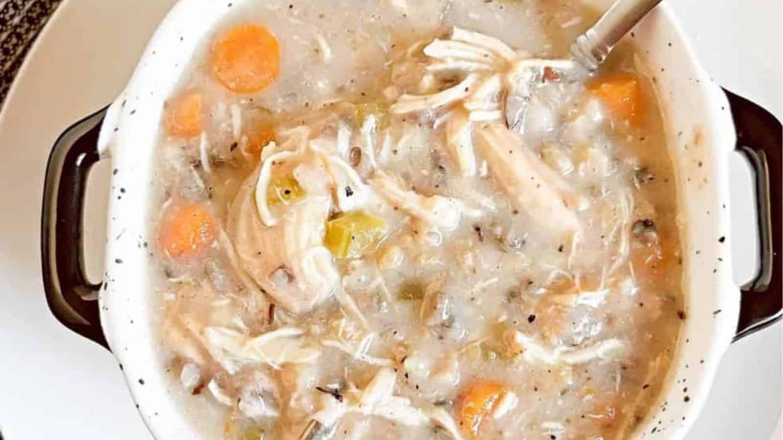 Overhead image of slow cooker chicken and wild rice soup.