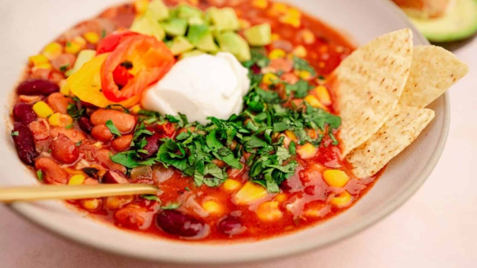 Close-up of slow-cooker vegetarian chili.