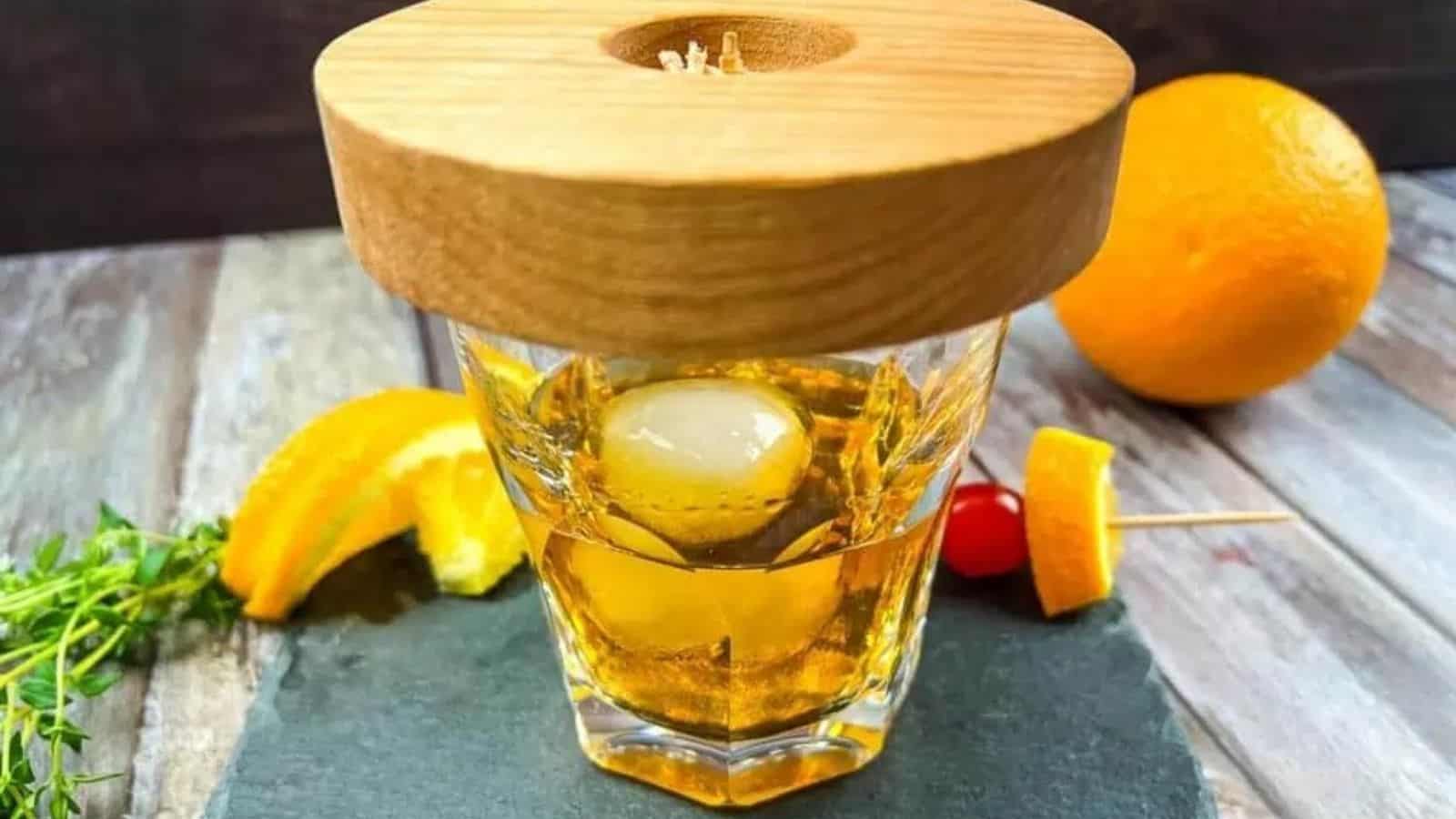 A glass of whiskey with oranges and a wooden stick.