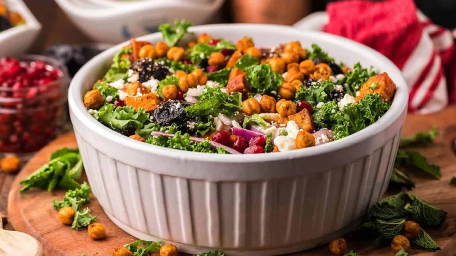 Close-up image of sweet potato kale salad in a bowl.