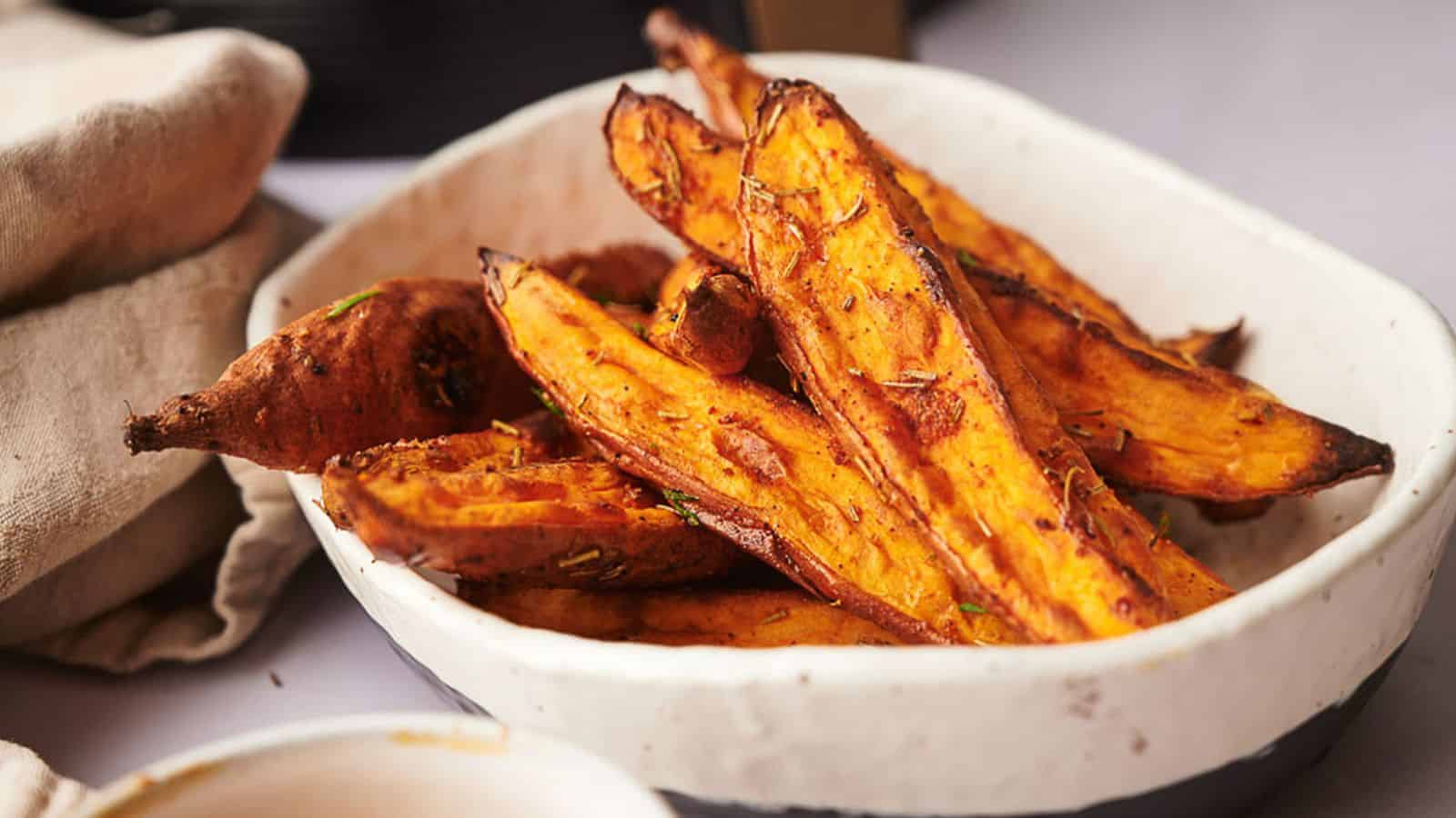 Sweet potato wedges in a bowl.