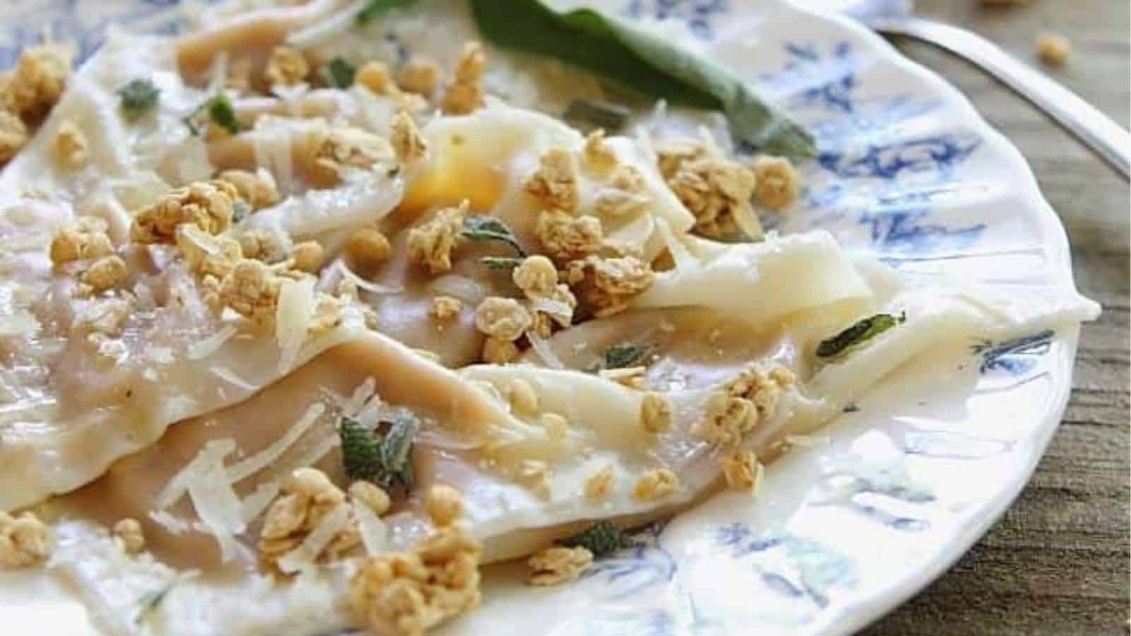 Close-up image of sweet pumpkin ravioli on a plate.