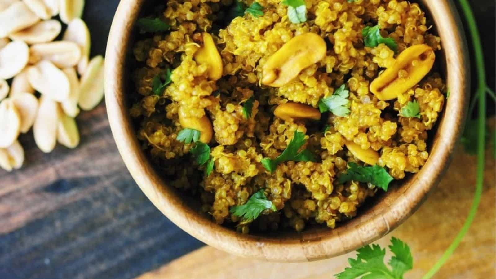 Top view of sweet and spicy quinoa peanut stir fry.