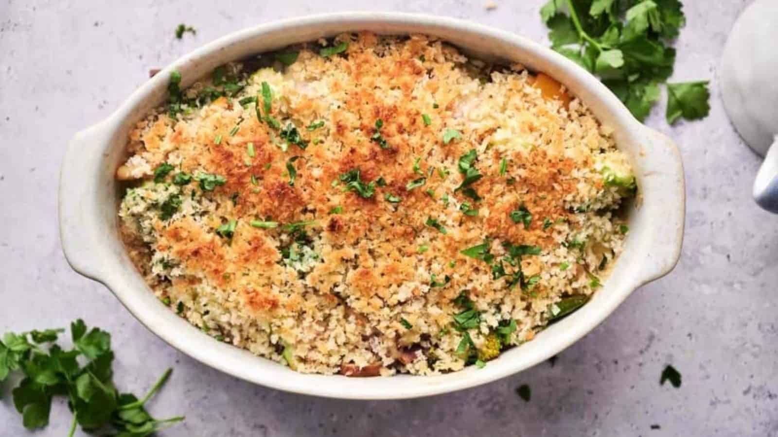 Overhead image of vegetable casserole in a dish.